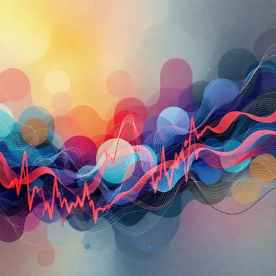 The primary subject of the image is a colorful, abstract design featuring a mix of red, blue, and yellow colors. The setting is a blue background, and the visual style appears to be a combination of digital art and illustration. The overall atmosphere is vibrant and energetic, with the design resembling a wave or a flow of sound.